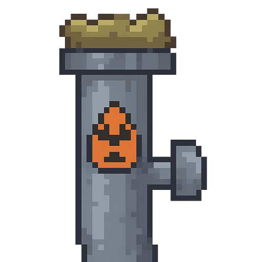 Tubería gris radioactiva estilo pixel de 1983. No background. Transparent background. Blank background. No shadows. 2d. In-Game asset. flat