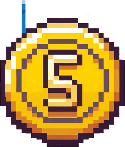 simple pixel art coin and yellow.
Single Game Texture. In-Game asset. 2d. Blank background. High contrast. No shadows.
