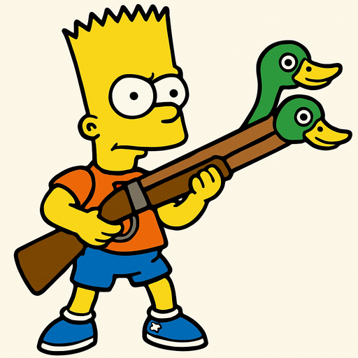 Bart holding a shotgun with 2 duck heads instead of barrels and make sure that Bart's body is fully visible
In-Game asset.  2d.  High contrast.  No shadows