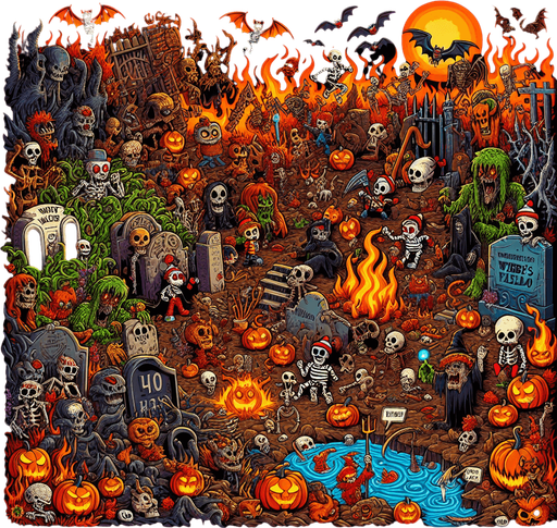 Generate a high quality cartoon background Halloween image on a black canvas similar to the format of where is waldo with a hellish environment.
Single Game Texture. In-Game asset. 2d. Blank background. High contrast. No shadows.