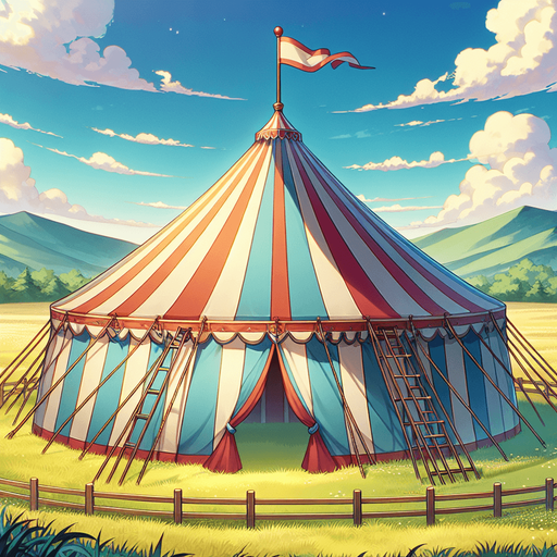 anime circus tent field.
Single Game Texture.  In-Game asset.  2d.  Blank background.  High contrast.  No shadows