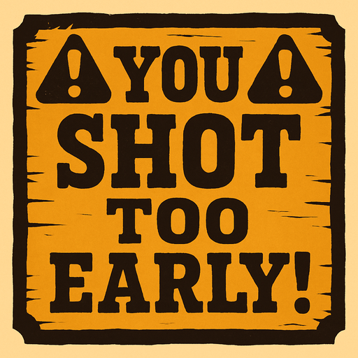 western style alert box that says You Shot Too Early!.
In-Game asset.  2d.  High contrast.  No shadows