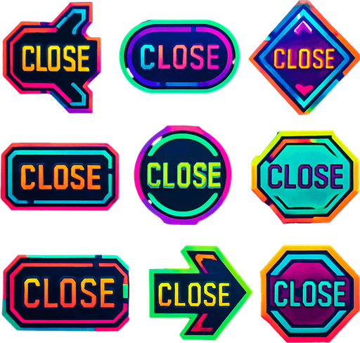 Close buttons random shapes & have text 'Close'. HD colors. Cyberpunk. Abstract. Different colors.
In-Game asset.  2d.  High contrast.  No shadows
