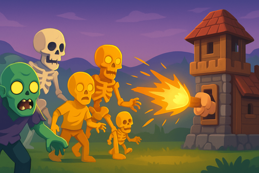 Fullscreen modern App Store landscape banner, 16:9, high definition, for a game titled "Monster Mash: Undead Defense" and with the description "Defend your base from zombies, skeletons, and their golden counterparts by tapping or dragging to attack. Survive waves and score points!". No text on banner!