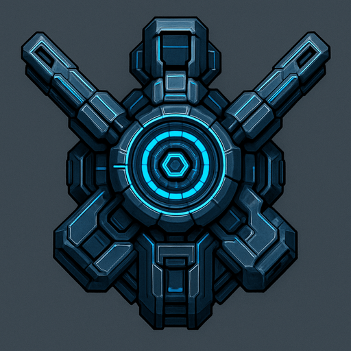 top-down view, futuristic digital defense turret, heavy energy core, metallic cyberpunk style, blue glowing lines, anti-virus cannon.
In-Game asset.  2d.  High contrast.  No shadows