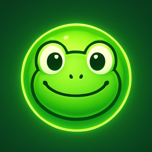 A green bubble with a cartoon frog face, glowing softly, top-down view, mobile puzzle game sprite.
In-Game asset.  2d.  High contrast.  No shadows