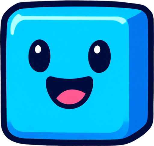 happy blue cute cube sprite.
In-Game asset.  2d.  High contrast.  No shadows