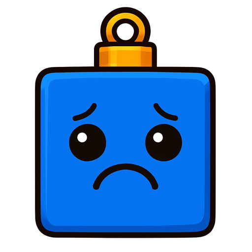 a sad Perfectly square bright cobalt blue Christmas decoration with cute happyy face. Cartoon style. Cute art style. Simple vector style. No Shadows Single Game Texture. In-Game asset. 2d. Blank background. High contrast. No shadows..
In-Game asset.  2d.  High contrast.  No shadows