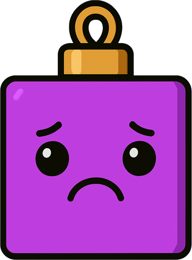 a sad Perfectly square bright purple Christmas decoration with cute . Cartoon style. Cute art style. Simple vector style..
In-Game asset.  2d.  High contrast.  No shadows