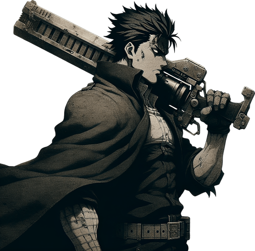 A muscular, imposing man with short spiky black hair, dark eyes, and a cold expression. He wears a long, dark trench coat and carries a large gun. His body language is strong and aggressive, with a gritty, rugged look, evoking a sense of danger. The background is desolate, with dusty windblown landscapes, reflecting the harsh environment of the anime world. The atmosphere should feel intense and full of tension, emphasizing his role as a tough, battle-hardened character.".
Single Game Texture. In-Game asset. 2d. Blank background. High contrast. No shadows.