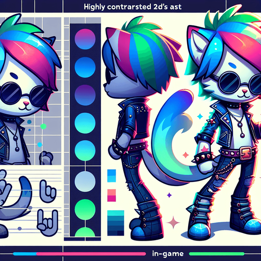 An anthropomorphic blue and green cat animatronic wearing rockstar attire.
Single Game Texture.  In-Game asset.  2d.  Blank background.  High contrast.  No shadows