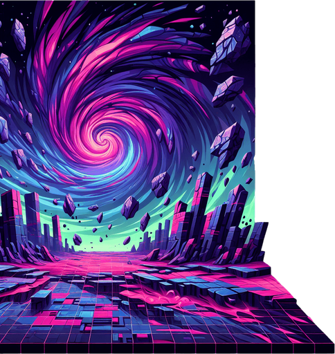 Backdrop: A warped reality scene with twisting, fragmented terrain and a swirling vortex in the background.

Colors: Deep purples, neon pinks, and electric greens.

Details: Fractured floating rocks and glitch-like patterns..
Single Game Texture. In-Game asset. 2d. Blank background. High contrast. No shadows.