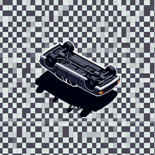 Top down overturned car sprite. Transparent.
Single Game Texture.  Blank background.  High contrast.  No shadows. Overhead