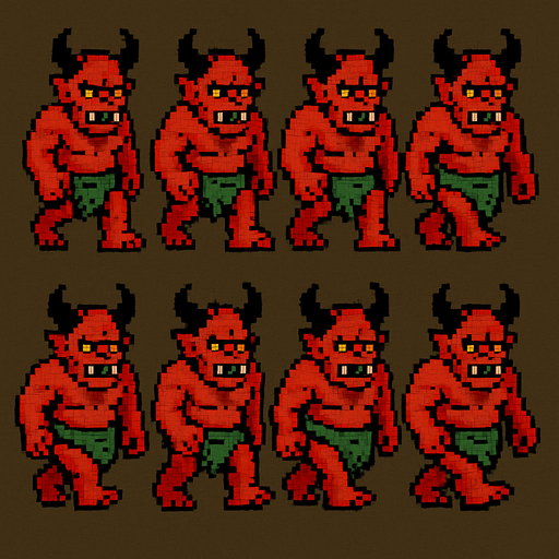 A walking sprite sheet for demonic ogre. Front perspective. Retro PC pixel. 
In-Game asset.  2d.  High contrast.  No shadows