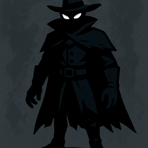 kılıçsız karanlık ve gizemli insansı bir kahraman şapkalı ve tüm vücudu görünüyor.
In-Game asset.  2d.  High contrast.  No shadows