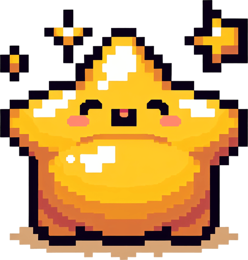 pixelart. a chubby golden star..
Single Game Texture. In-Game asset. 2d. Blank background. High contrast. No shadows.