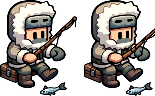 Мультяшный рыбак зимой сидит рыбачит.
Single Game Texture.  In-Game asset.  2d.  Blank background.  High contrast.  No shadows