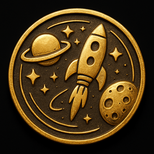 Uzay temalı altın coin, gerçekçi, yazısız üstten görünüm. 
In-Game asset.  High contrast.  No shadows