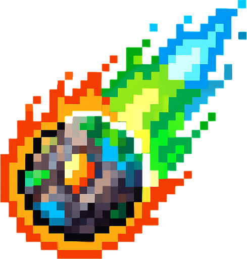 Generame unm meteorito pixelar elemental con todos los elementos.
In-Game asset.  2d.  High contrast.  No shadows