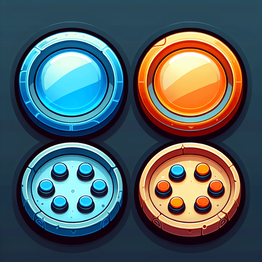 2 boutons de jeu vidéo ronds, un bleu et un orange, vides, style jeu vidéo, vue de dessus