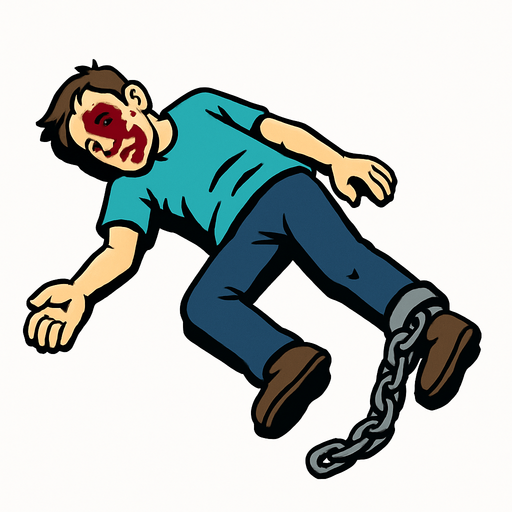 dead body on the ground, a chain on his leg (no ground).
In-Game asset.  High contrast.  No shadows. 3D