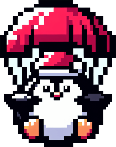 cute fat chubby parachuting penguin wearing a santa hat. pixelated. 8 bit. Single Game Texture. In-Game asset. 2d. Blank background. High contrast. No shadows.