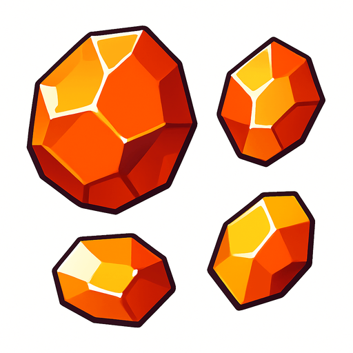 Chunky, crystalline fragments

```
- Shape: Angular, geometric crystal-like chunks
- Colors: Orange-red (#FF4400), yellow (#FFAA00), white
- Surface: Slightly reflective, faceted appearance
- Size variations: 3 different sizes (small, medium, large).
In-Game asset.  2d.  High contrast.  No shadows