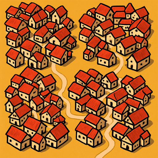 Aldeas, ocupar toda la imagen, visto desde arriba.
In-Game asset.  2d.  High contrast.  No shadows