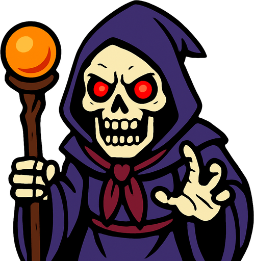 un hechizero esqueleto les mira de forma aterradora hacia adelante con ojos rojos y brillosos.
In-Game asset.  2d.  High contrast.  No shadows