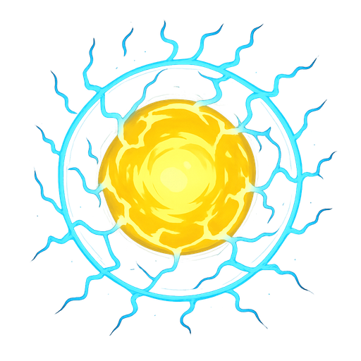 Glowing energy sphere. Spherical. Yellow and blue.
In-Game asset.  2d.  High contrast.  No shadows