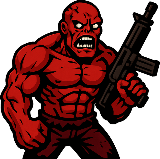 boss zombi çok kaslı akıllı ve silahlı sinirli kızgın ve ten rengi kırmızı.
In-Game asset.  2d.  High contrast.  No shadows