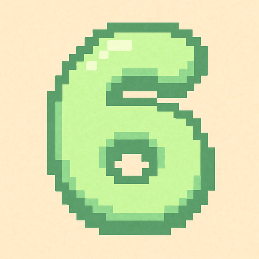 A pixel art number "6" designed for a cozy, cute retro 2D game UI with a bird theme. The number is rendered in soft pastel light green tones to harmonize with the gentle and sweet aesthetic of the game. It has a clean, simple, and rounded pixel style with no harsh edges, fitting perfectly within the pixel art UI style. The number is bold and easily readable at small sizes..
In-Game asset.  2d.  High contrast.  No shadows. pixel art. retro. 2d ui. number. pastel light green. simple. rounded edges. bold. cute. minimal
