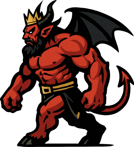 güçlü ve iri yapılı şeytan kral sağdan sola yürüyormuş gibi.
In-Game asset.  2d.  High contrast.  No shadows