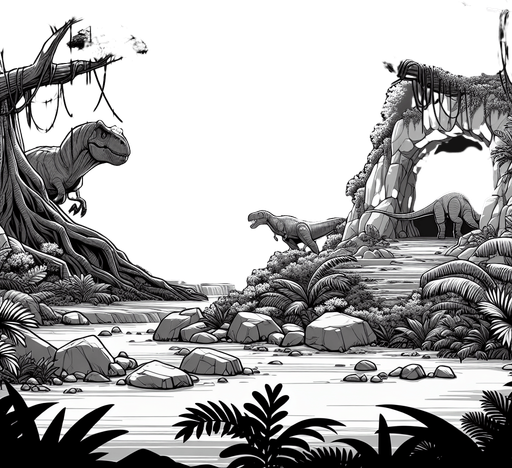 A animated image of prehistoric jungle with a cave.
Single Game Texture. In-Game asset. 2d. Blank background. High contrast. No shadows.