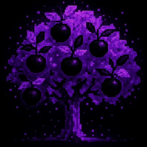 fruits are black with purple leaves and particles around them