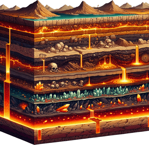 Here is your 2D side-view of the earth’s layers in a side-scrolling game style. It maintains the horizontal strata with distinct layers transitioning from rocky topsoil to deep, glowing lava rock. Fossils, gold veins, and crystal traces add depth and detail.

For the next remix, here are some potential modifications:

Deeper Layer Focus – Shift the scene further down to expose more intense lava activity and larger crystal formations. 🔥
More Fossils & Artifacts – Increase the number of embedded fossils, adding prehistoric bones or ancient relics. 🦴
Volcanic Activity – Introduce subtle magma flows or small pockets of underground lava chambers..
Single Game Texture.  In-Game asset.  2d.  Blank background.  High contrast.  No shadows
