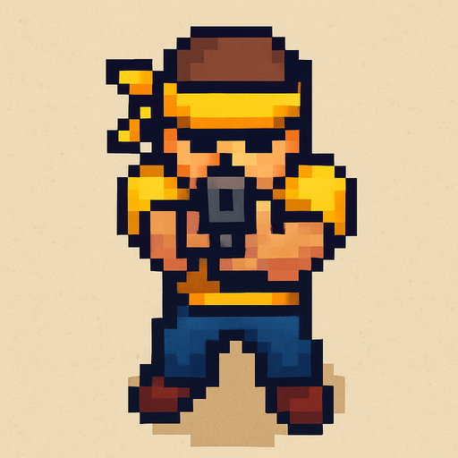 pandillero de amarillo hecho con pixeles con perspectiva desde arriba visto de frente apuntando hacia enfrente con un arma
In-Game asset.  2d.  High contrast.  No shadows