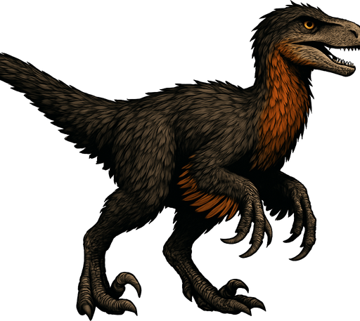 A large, realistic Utahraptor dinosaur covered in dense, shaggy feathers. The plumage is a mix of dark brown, black, and rusty orange along the neck and tail. It has long, powerful legs with a signature sickle-shaped claw on each foot, and feathered arms resembling wings. The head is narrow with a curved snout, sharp teeth visible, and piercing amber eyes. The long tail is covered in sleek feathers, giving balance and a bird-like appearance..
In-Game asset.  2d.  High contrast.  No shadows