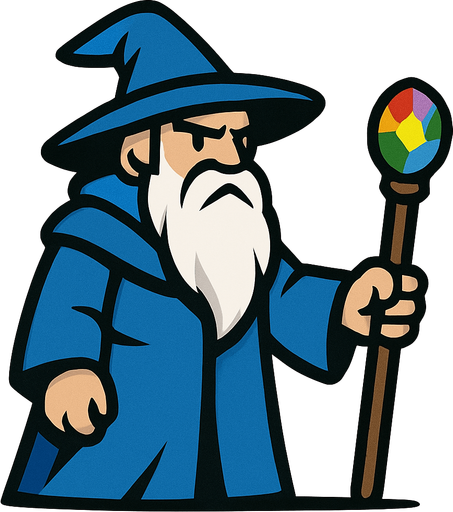 A wizard with a blue dress (like a coat) holding a stick touching the ground and a colored stone on the end of the stick, a wizard with a white beard and a hat on his head, and his whole body and right arm should not be visible from the frame (screen).
In-Game asset.  2d.  High contrast.  No shadows