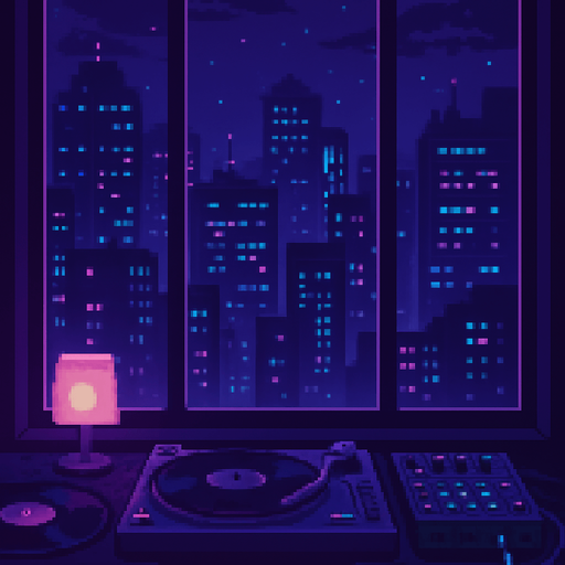A 2048x2732 vertical pixel art background for the main menu of a rhythm game. The scene shows a moody, neon-lit cityscape at night through a big window behind a cozy, minimal DJ setup. The foreground includes soft lights, vinyl records, and glowing cables. Background buildings feature soft pulsing lights and pixel-style clouds or stars. The mood is dreamy, lo-fi, and rhythmic, with purple, indigo, and cyan tones. No characters or text, just a calm and stylish menu background..
In-Game asset.  2d.  High contrast.  No shadows