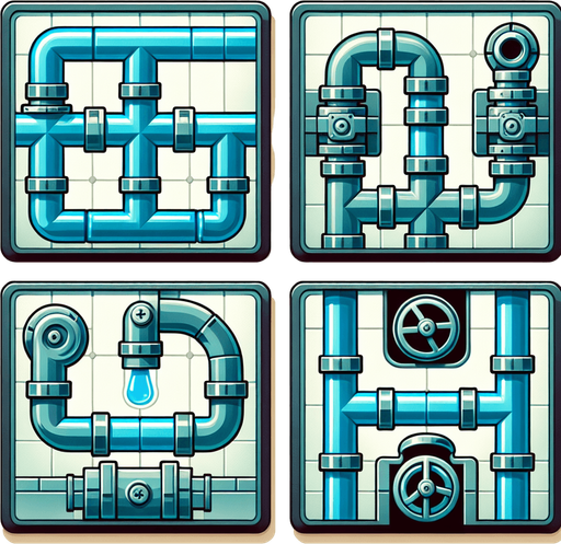 Create four perfectly square tiles, each featuring ONE VERY SIMPLE segment of water pipe for a puzzle video game:
Straight Pipe: One tile should feature a straight pipe segment with an entrance on the right side center and an exit on the left side center.
Corner Pipe: One tile should display a corner pipe segment with an entrance on the right side center and an exit at the top center.
Half Pipe with Valve: One tile should include a half pipe segment with an entrance on the right side center and a valve located at the center of the pipe.
Half Pipe with Bend:One tile should depict a half pipe segment with an entrance on the right side center, bending at the center towards the back (away from the viewer).