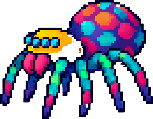 pixel art colorful spider sideview.
In-Game asset.  2d.  High contrast.  No shadows