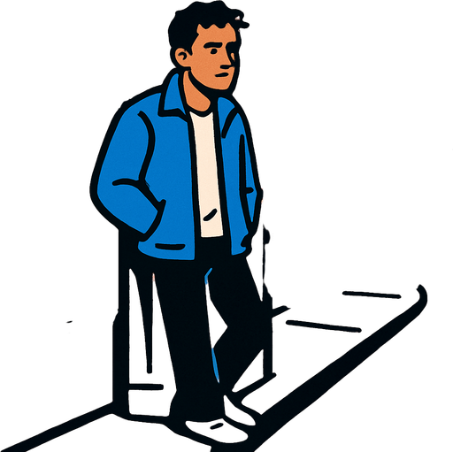 a man waiting outside.
In-Game asset.  2d.  High contrast.  No shadows