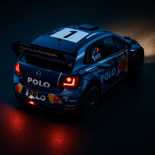 Photorealistic Volkswagen Polo R WRC Rallycar in nightlight, drone topview from back and 45 degrees angle in top right corner