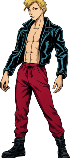 Swishy graceful man Cyberpunk manga, idle animation, shiny black leather biker jacket longsleeves shirtless Skinny abs blonde pompadour guy, wine red joggers combat boots, Background removed, "Full-body character, entirely in frame, no cropping of face, head, or feet" "Complete character visible, from head to toe, fully centered in the image" "Entire character, including face and boots, fully within the frame" Character fully contained within a square frame, no edges cut off fashion model idle pose