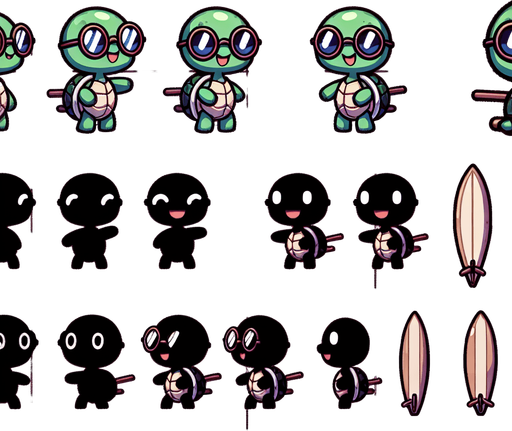 A spritesheet with a number of poses of an happy little turtle with strong eye-glasses, carrying a vertically oriented surfboard,, smiling, walking, waiting, standing, ordering, turning, etc. all seen from the side.The spritesheet should be laid out in a rectangular grid with clear space between each individual sprite. Each sprite in the sheet should be around 300x600 pixels in size.
Single Game Texture. In-Game asset. 2d. Blank background. High contrast. No shadows.