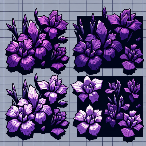 A sprite sheet of different purple iris seen from above. Cartoon. All similar size. Just the blossom. Bold colors and shading. 
Single Game Texture. In-Game asset. 2d. Blank background. High contrast. No shadows.