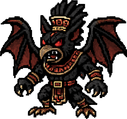 Genérame una Halcon Murcielago guerrero azteca con eso patrones, estilo pixelar, con una apariencia maligna, ojos rojos, rabioso. Unidad aerea con alas. Animal.
In-Game asset.  2d.  High contrast.  No shadows