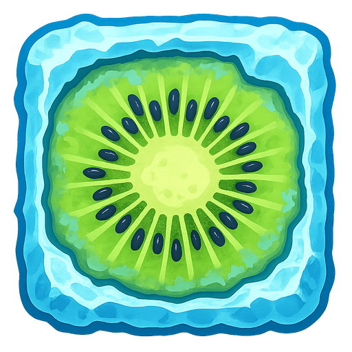 Frozen kiwi.
Single Game Texture.  In-Game asset.  2d.  Blank background.  High contrast.  No shadows