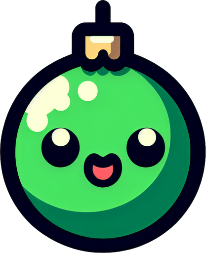 Perfectly square bright green Christmas decoration with cute happyy face. Cartoon style. Cute art style. Simple vector style. No Shadows.
Single Game Texture. In-Game asset. 2d. Blank background. High contrast. No shadows.
